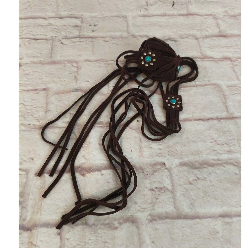 Brown Suede Faux Turquoise Studded Tie Fringe Wrap Belt